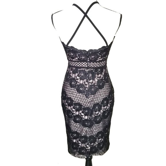 Morgan & Co Floral Black Lace Nude Bodycon Sleeveless Knee Length Dress Size 5 - Picture 4 of 7